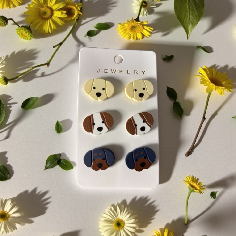 Dog-Themed Earrings Set - Cream, Brown, Black
